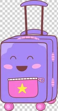 Flat design purple suitcase is showing smile, star pocket, pink wheels on Stock Illustration