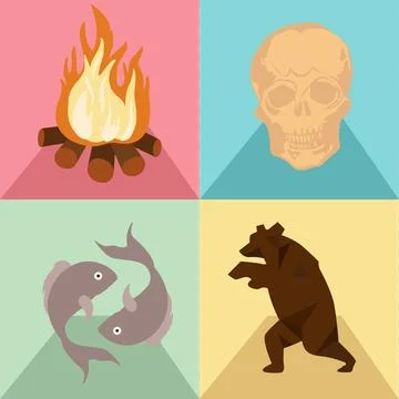 Flat-design quad illustration showing campfire, skull, fish, bear symbols on Stock Illustration