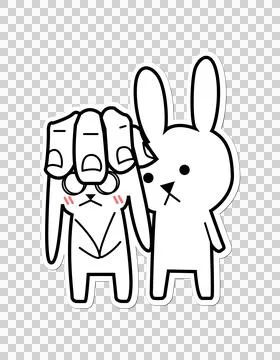 Flat design rabbit duo are standing on transparent backdrop showing hand pulling Stock Illustration