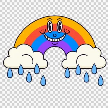 Flat design rainbow arch is floating between dripping clouds, smiling face, Stock Illustration