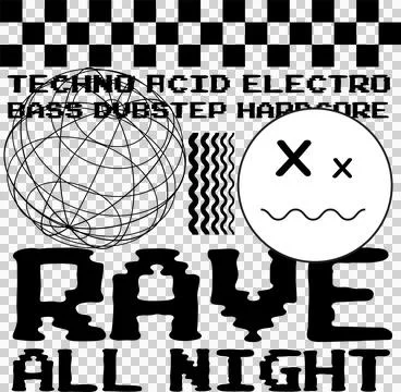 Flat design rave emblem is showing wireframe globe, bars, distressed text, Stock Illustration