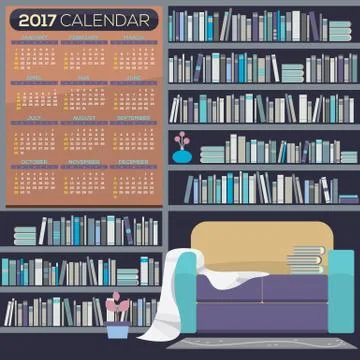 Flat Design Reading Room 2017 Printable Calendar Starts Sunday Vector Illustr Stock Illustration