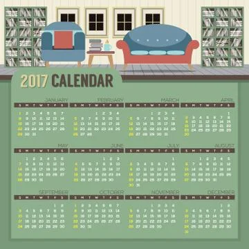 Flat Design Reading Room 2017 Printable Calendar Starts Sunday Vector Illustr Stock Illustration
