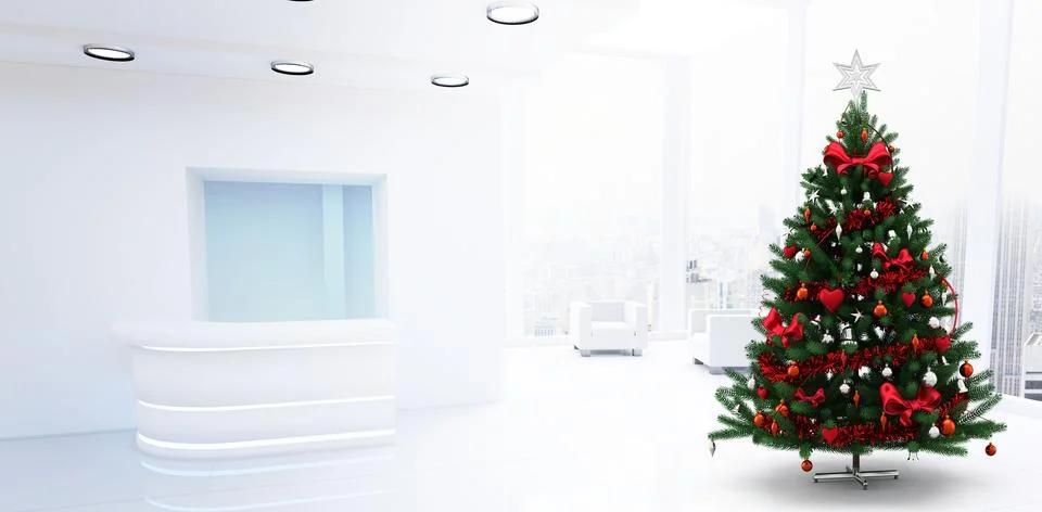 Flat design reception is showing desk, chairs by city-view windows, Christmas Stock Illustration