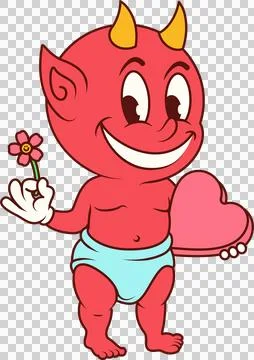 Flat design red baby devil is holding pink heart and smiling flower on イラスト素材
