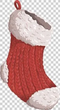 Flat design red knitted holiday stocking is floating on transparent canvas with Stock Illustration