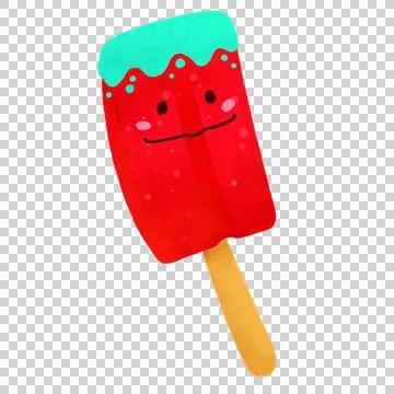 Flat design red popsicle is showing smiling face, with green drip topping on Stock Illustration