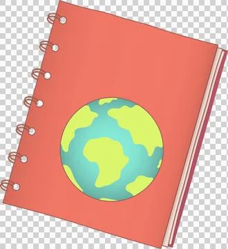 Flat design red spiral-bound notebook leaning right, showing Earth icon, Stock Illustration