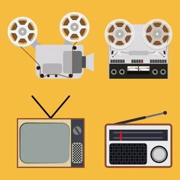 Flat design retro objects with a film projector, tape recorder, TV and radio Stock Illustration