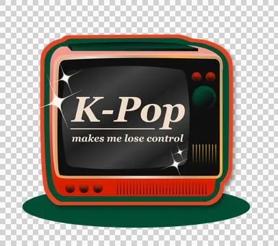 Flat design retro TV showing cream K-Pop text and tuning knob with sparkles, Stock Illustration