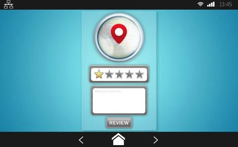 Flat design review UI is displaying on teal gradient background, with map pin, Stock Illustration