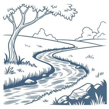 Flat Design River Landscape with Smooth Winding Water Curves Stock Illustration