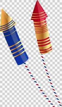 Flat design rocket fireworks diagonally showing banded bodies, striped rods, Stock Illustration