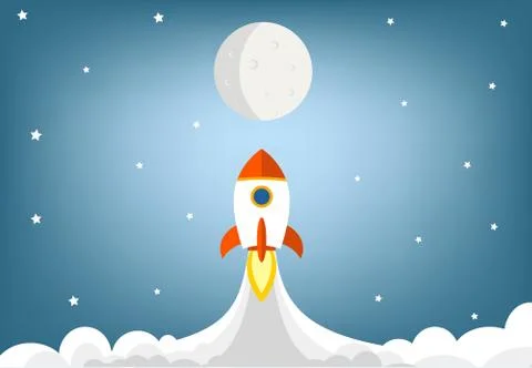 Flat design rocket launch flying to moon illustration - Stock Illustration