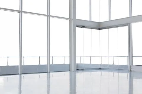 Flat design room corner is showing floor-to-ceiling windows, column, glass door 库存插图