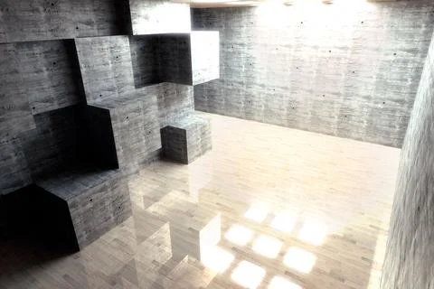 Flat design room is featuring modular concrete cubes on left wall with floor Stockillustratie
