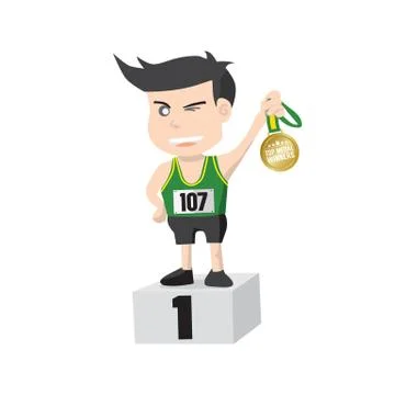 Flat Design Runner Athlete Showing Golden Medal Winner On A Pedestal Vector i Stock Illustration