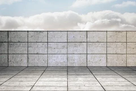 Flat design scene is featuring concrete block wall on tiled platform under Foto stock