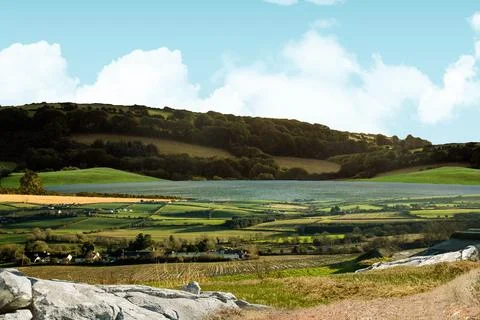 Flat design scene showing hedged farm plots, farmhouses, reservoir, wooded Stock Photos