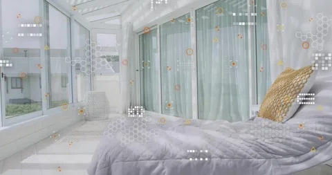 Flat design scene showing sunroom with quilted bed, wicker cushion, glass Stock Footage 328252129