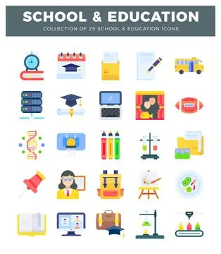 Flat design school and education icons collage for learning. a stylized com.. Illustrazione stock