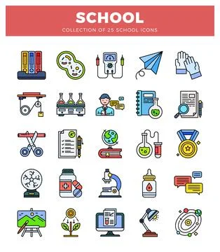 Flat design school icons collection featuring diverse educational objects. イラスト素材