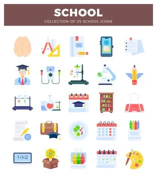 Flat design school icons collection with science and education elements. Stock Illustration