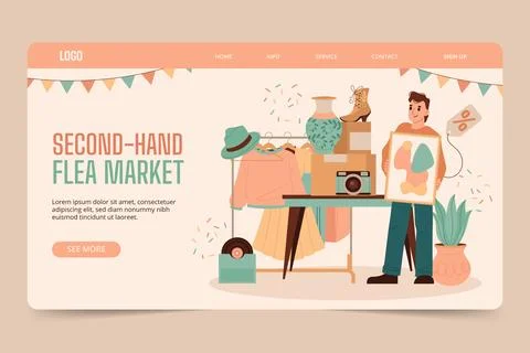 Flat design second-hand flea market landing page Stock Illustration