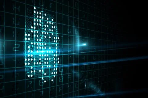 Flat design security interface is showing fingerprint over turquoise code grid Foto stock