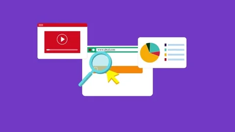 Flat design seo concept browser window with search bar, magnifying glass, p.. 库存影片 334762502