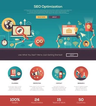Flat design SEO optimization website header banner with webdesign elements Illustrazione stock