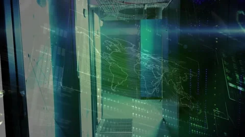 Flat design server racks showing translucent world map while data streams Vídeos de archivo 307464436