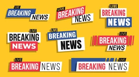 Flat design set of breaking news labels with LIVE tags, bold typography, and Stock Illustration