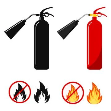 Flat design set red and black fire extinguisher with nozzle icon, fire and no Stock Illustration