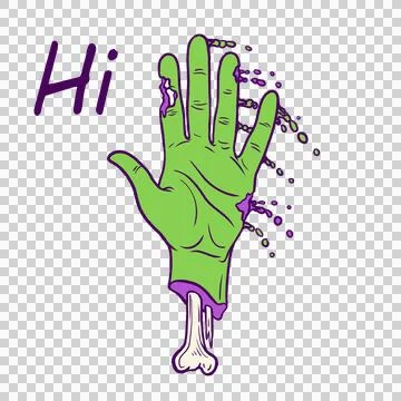 Flat design severed zombie hand is waving, oozing purple goo with Hi text on Stock Illustration