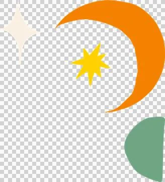 Flat design shapes are floating on transparency with cream, yellow stars, orange Stock Illustration