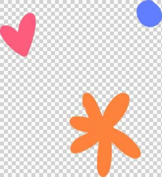 Flat design shapes are showing pink heart, blue circle, orange flower on Illustrazione stock