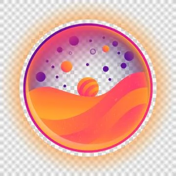Flat design is showcasing cosmic vista: waves and orbs inside orange ring, Stock Illustration