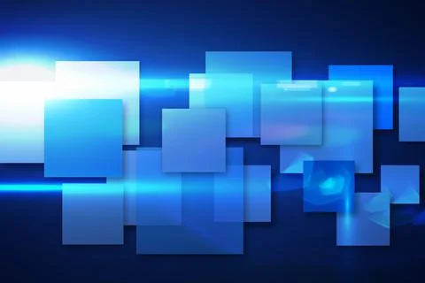 Flat design showcasing overlapping translucent blue shapes with glowing streaks Foto stock