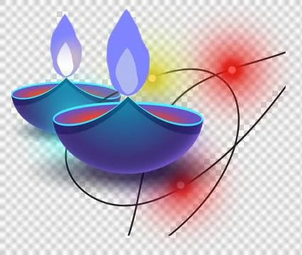 Flat design showing 2 gradient diyas with violet flames and glowing orbs on Stock Illustration