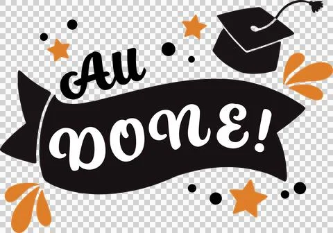 Flat design is showing All DONE! banner, grad cap, stars, dots, confetti on Stock Illustration