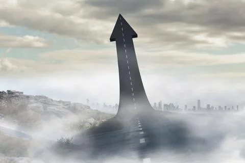 Flat design showing arrow-shaped road rising in fog over rocks with dashed Stock Illustration