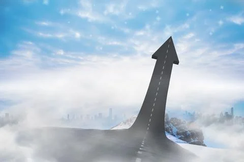 Flat design showing arrow-shaped road with dashed line rising above clouds snowy Foto stock