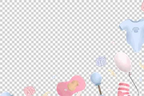 Flat design showing baby items pacifier, balloons, blocks and rattle forming Stock Illustration
