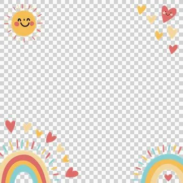 Flat design is showing border with smiling suns, rainbow arcs and hearts on Stock Illustration