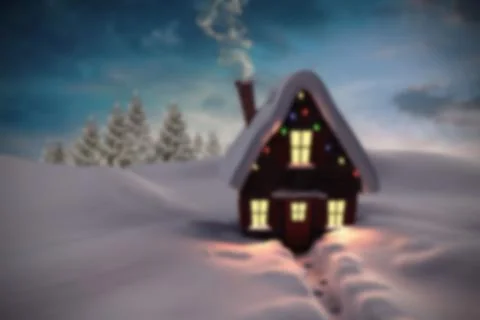 Flat design is showing cabin with glowing windows, smoking chimney, pine trees, イラスト素材