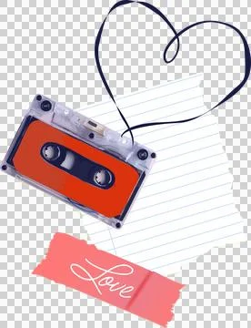 Flat design showing cassette on torn paper, heart-shaped ribbon, pink Love tape, Stock Illustration