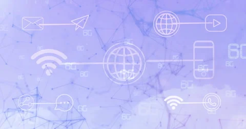 Flat design showing central globe icon glowing over purple gradient with 6G Stock Footage 309103799