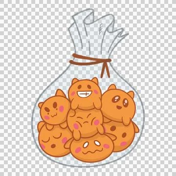 Flat design showing clear bag tied by string holding orange cat-cookie faces Stock Illustration