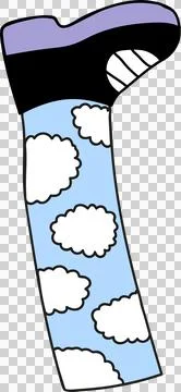 Flat design showing cloud print blue sock topping black purple sneaker, Stock Illustration